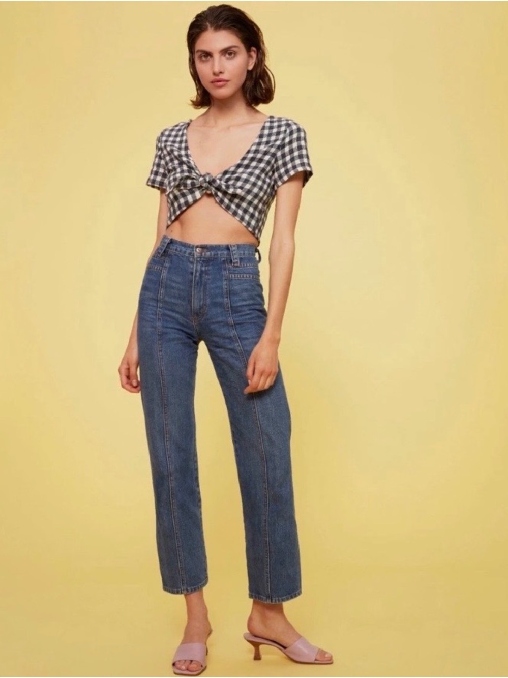 RITA ROW Margarita Crop Top Medium Navy Blue Gingham Cotton Blend Coastal